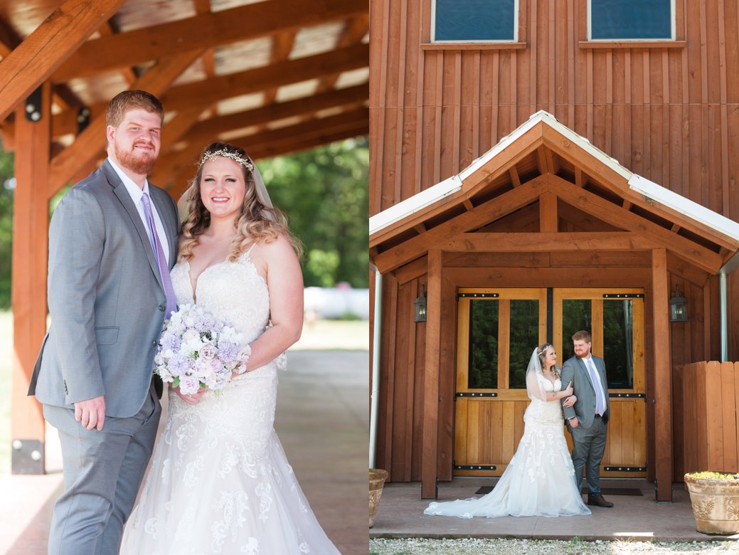 bride and groom in front of Blessings Barn