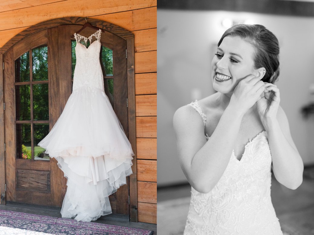 bride getting ready and dress hanging