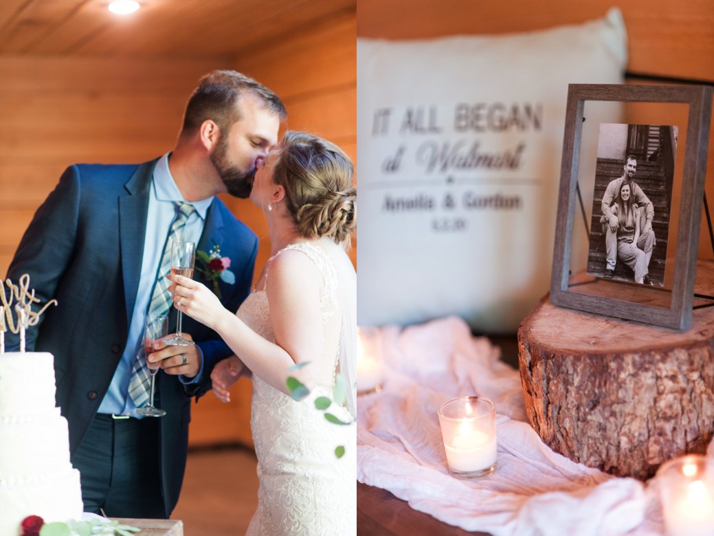 K & M Barn couple kissing and decor