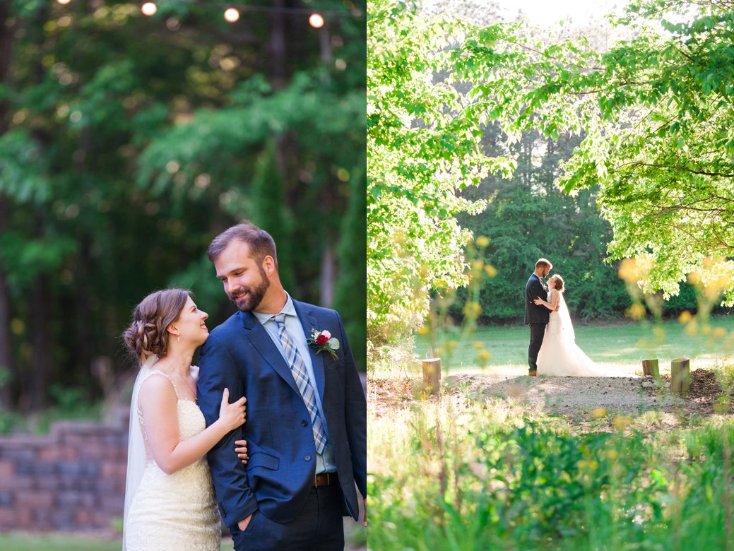 bride and groom outside under lights