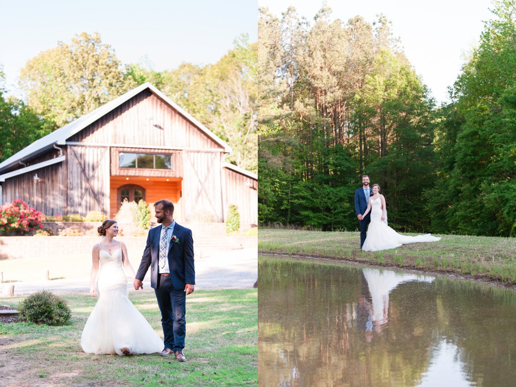 couple in front of barn and by pond