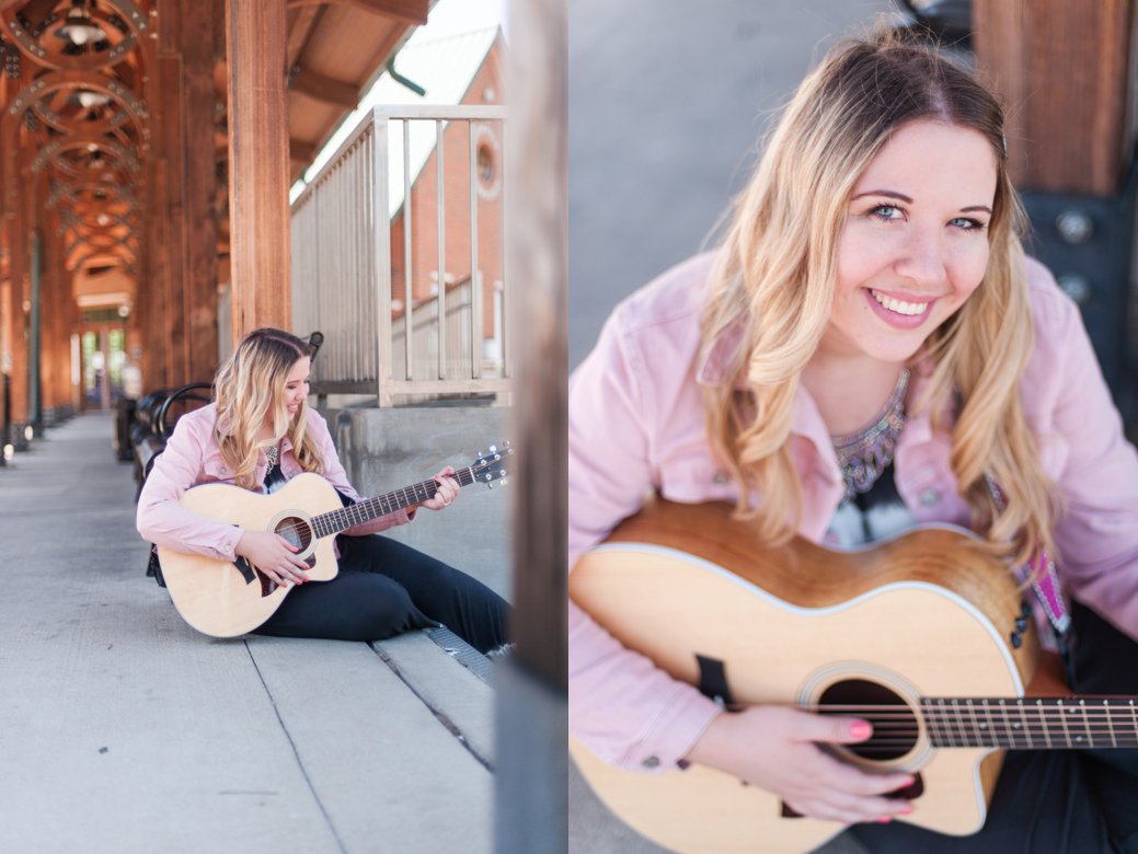 Macy Krew in pink with guitar