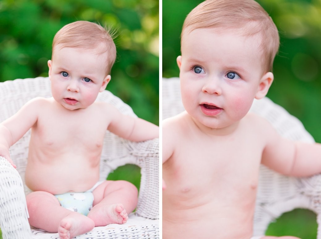 milestone session baby in diaper sitting in chair