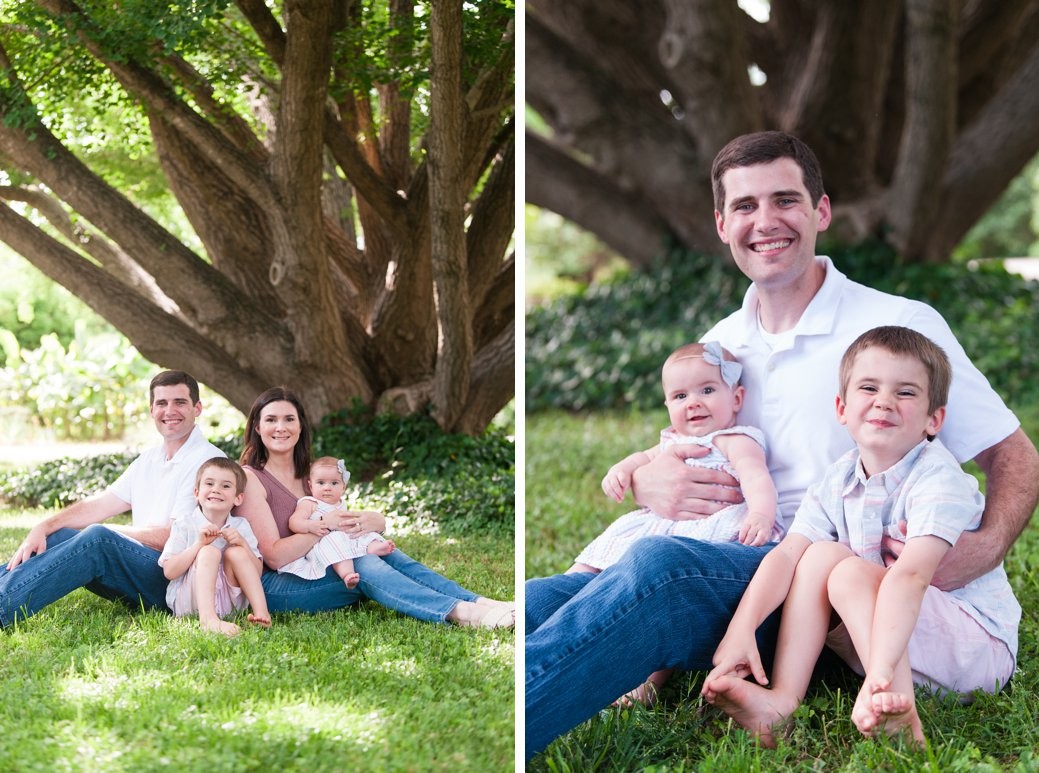 family in front of tree and dad with kids