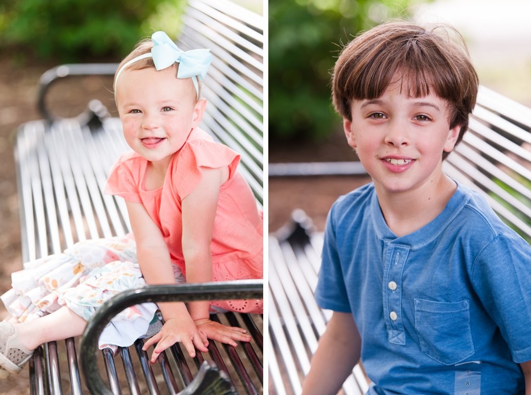 little girl on bench and little boy