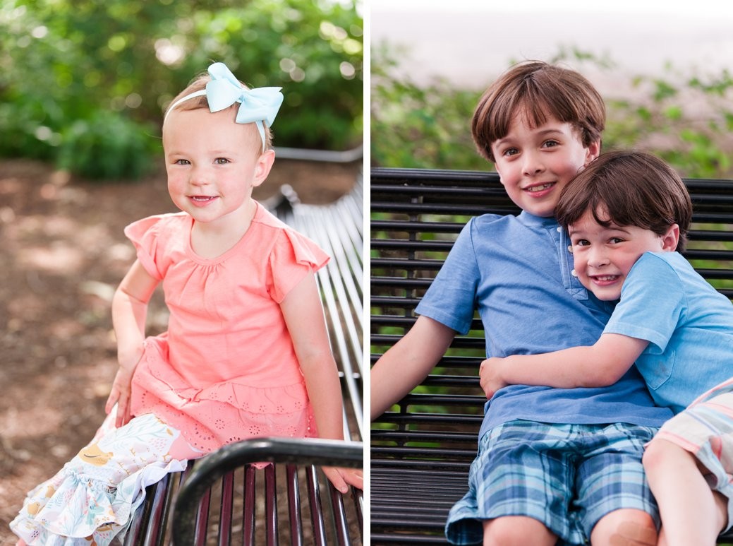 girl in coral and brothers in blue