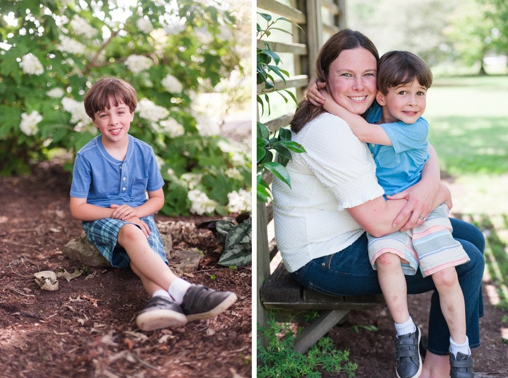 mom with son and boy on rock