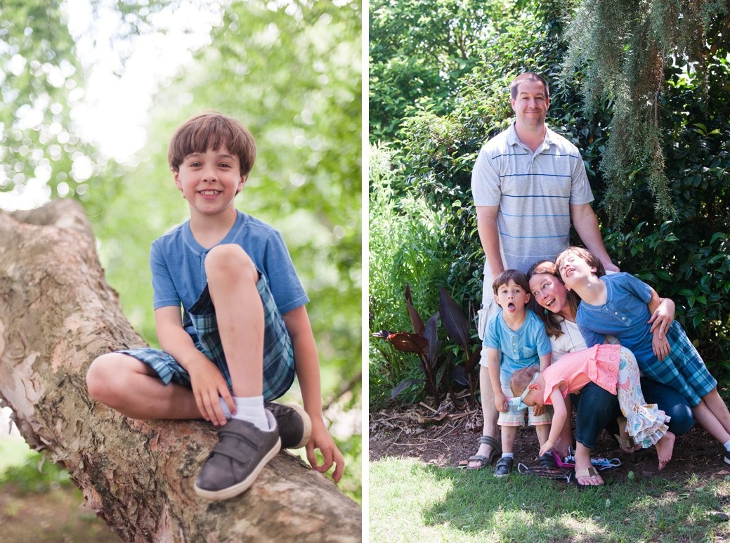 silly family portrait and kid in tree