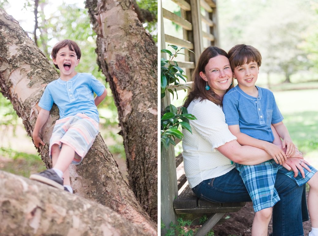 mom with son and boy in tree