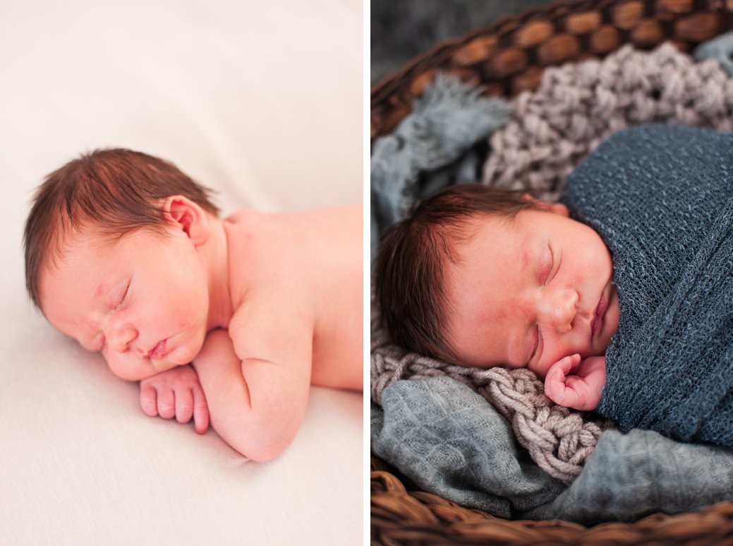 baby in basket and on white backdrop