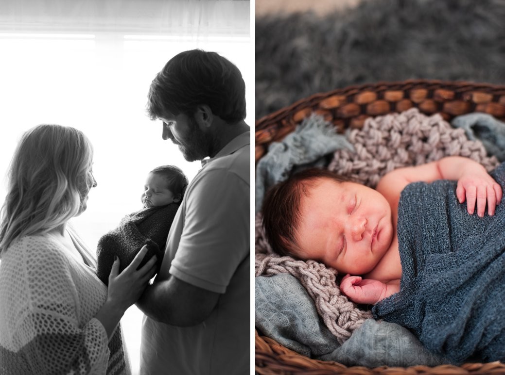 parents in front of window with baby