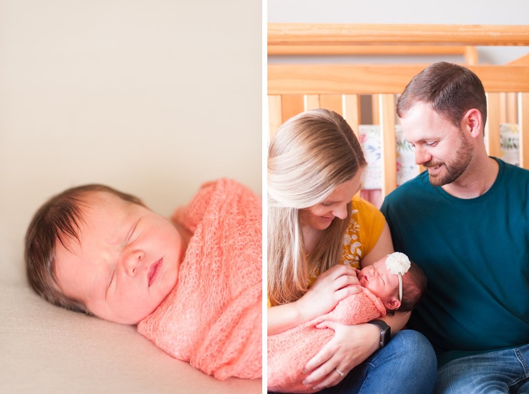 parents with newborn and baby in peach