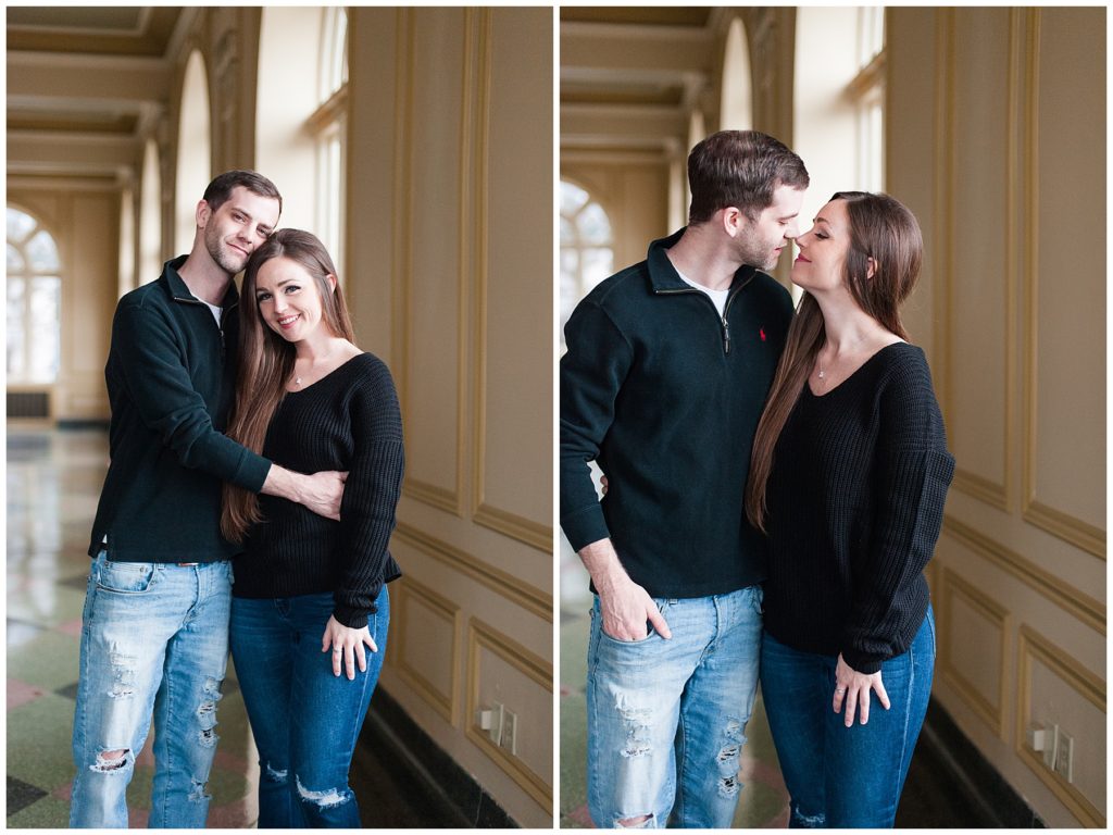 Newborn Family Session couple standing by window