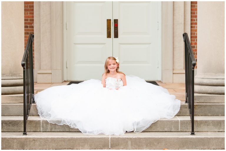 mom's wedding dress on steps