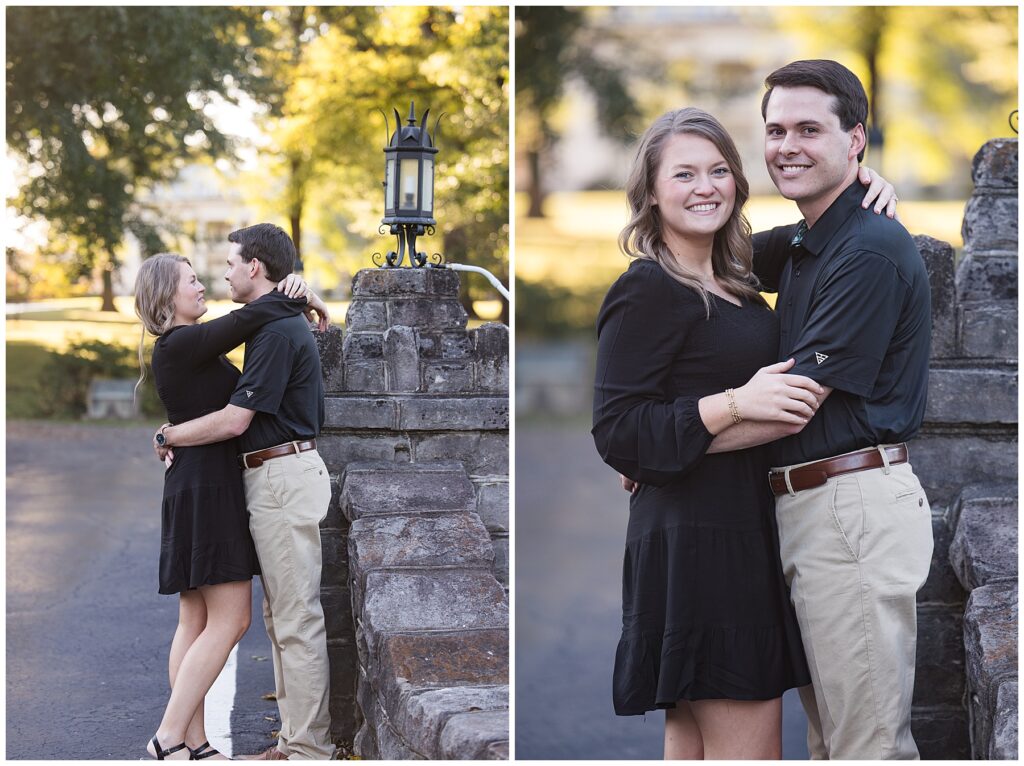 couple stand on stone bridge at the beginning of their engagement session