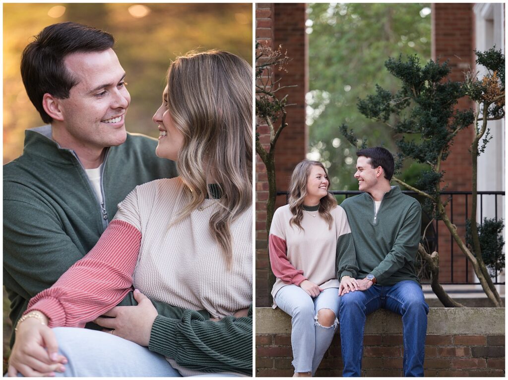 Savannah and Tyler smile at each other during their engagement session