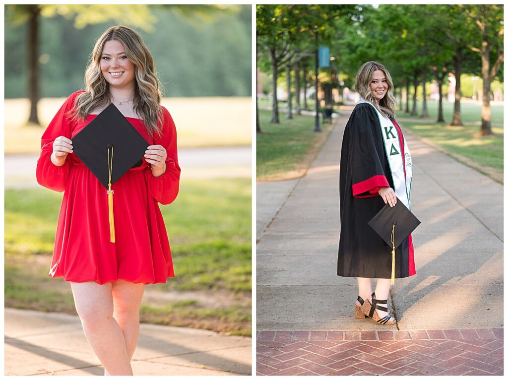 Student in red dress and black gown graduating from Union University, by Jackson TN Portrait Photographer Tracye P.