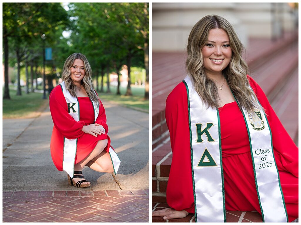 Woman with blond hair in red dress graduating from university in Jackson TN, by portrait photographer Tracye P